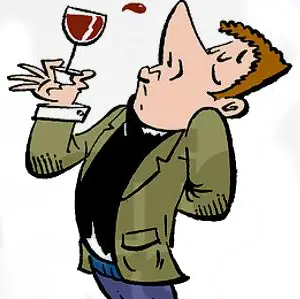 Snooty looking cartoon man with a big nose sniffing a glass of red wine
